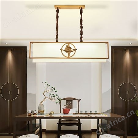 新中式餐厅吊灯 书房吧台茶室长方形吊灯 双庆灯饰布艺全铜灯具