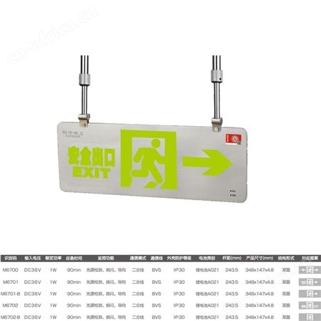 敏华电工劳士集中控制型应急指示灯双面吊杆超薄不锈钢0.48cm标志灯M-BLZC-2LREⅠ1WZPA-ZPB